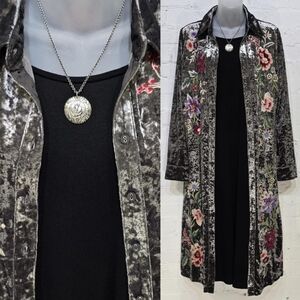 JOHNNY WAS CRUSHED VELVET SHIRT Johnny Was Black and Gray Floral Embroidered Top